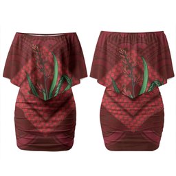 Rongoa Maori New Zealand Harakeke Couples Matching Off Shoulder Short Dress and Hawaiian Shirt NZ Weaving Pattern Red
