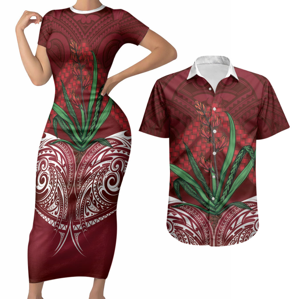 Rongoa Maori New Zealand Harakeke Couples Matching Short Sleeve Bodycon Dress and Hawaiian Shirt NZ Weaving Pattern Red