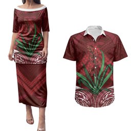 Rongoa Maori New Zealand Harakeke Couples Matching Puletasi and Hawaiian Shirt NZ Weaving Pattern Red