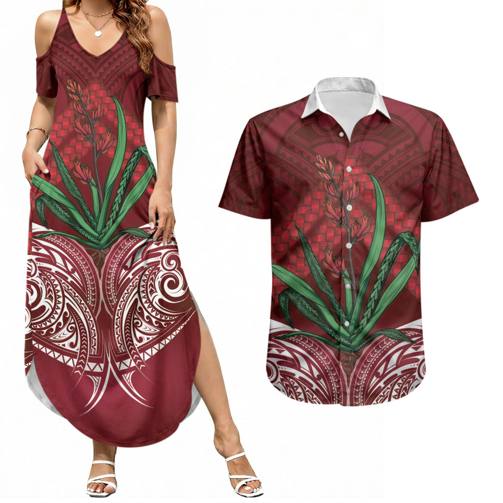 Rongoa Maori New Zealand Harakeke Couples Matching Summer Maxi Dress and Hawaiian Shirt NZ Weaving Pattern Red