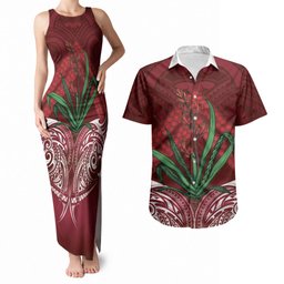 Rongoa Maori New Zealand Harakeke Couples Matching Tank Maxi Dress and Hawaiian Shirt NZ Weaving Pattern Red