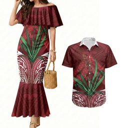 Rongoa Maori New Zealand Harakeke Couples Matching Mermaid Dress and Hawaiian Shirt NZ Weaving Pattern Red
