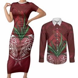 Rongoa Maori New Zealand Harakeke Couples Matching Short Sleeve Bodycon Dress and Long Sleeve Button Shirt NZ Weaving Pattern Red