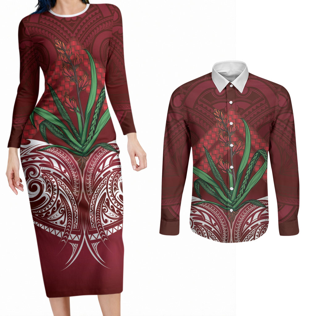 Rongoa Maori New Zealand Harakeke Couples Matching Long Sleeve Bodycon Dress and Long Sleeve Button Shirt NZ Weaving Pattern Red