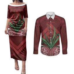 Rongoa Maori New Zealand Harakeke Couples Matching Puletasi and Long Sleeve Button Shirt NZ Weaving Pattern Red