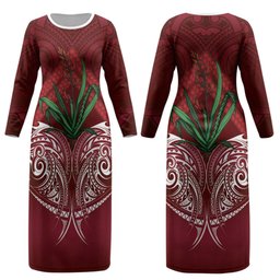 Rongoa Maori New Zealand Harakeke Couples Matching Long Sleeve Bodycon Dress and Long Sleeve Button Shirt NZ Weaving Pattern Red
