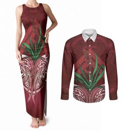 Rongoa Maori New Zealand Harakeke Couples Matching Tank Maxi Dress and Long Sleeve Button Shirt NZ Weaving Pattern Red