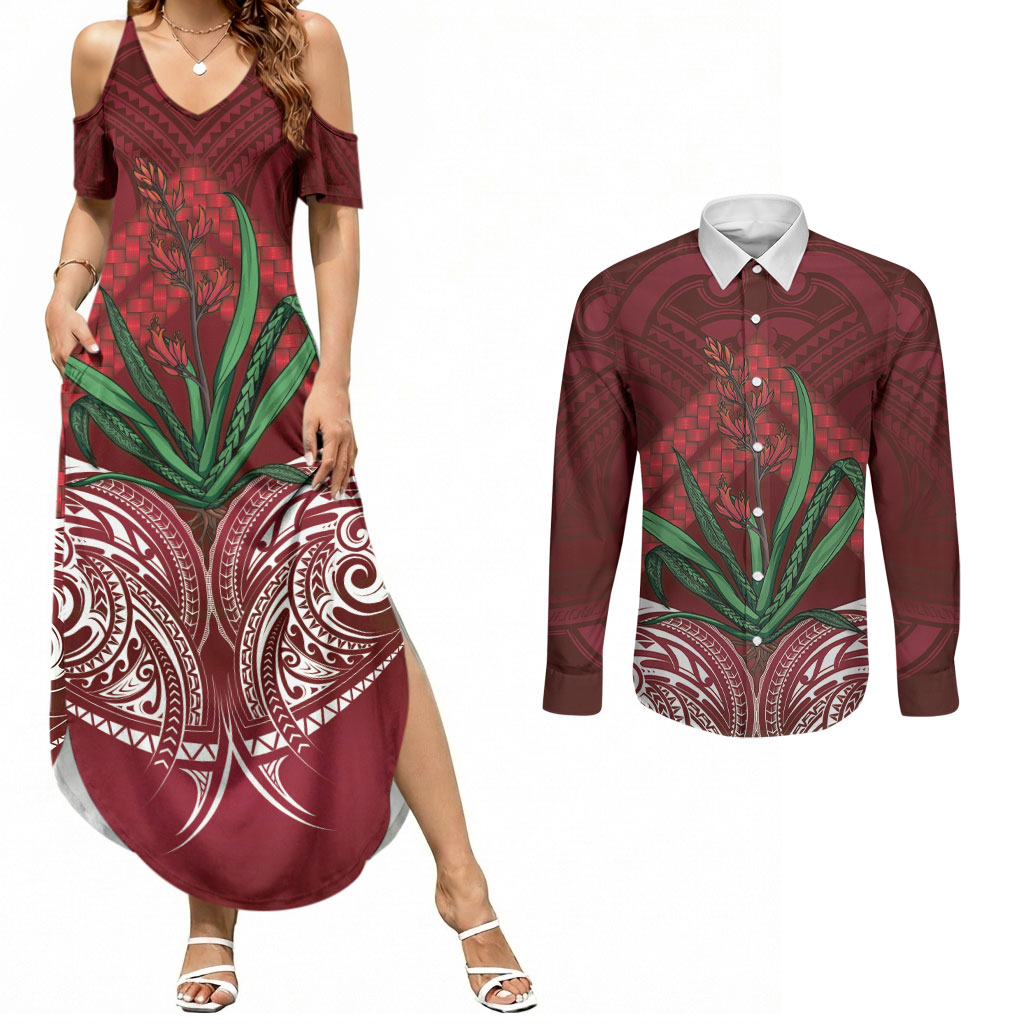 Rongoa Maori New Zealand Harakeke Couples Matching Summer Maxi Dress and Long Sleeve Button Shirt NZ Weaving Pattern Red