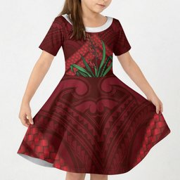 Rongoa Maori New Zealand Harakeke Kid Short Sleeve Dress NZ Weaving Pattern Red
