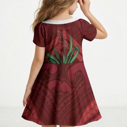 Rongoa Maori New Zealand Harakeke Kid Short Sleeve Dress NZ Weaving Pattern Red