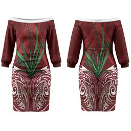 Rongoa Maori New Zealand Harakeke Family Matching Off The Shoulder Long Sleeve Dress and Hawaiian Shirt NZ Weaving Pattern Red