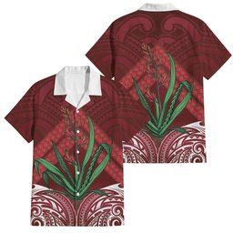 Rongoa Maori New Zealand Harakeke Family Matching Off Shoulder Short Dress and Hawaiian Shirt NZ Weaving Pattern Red