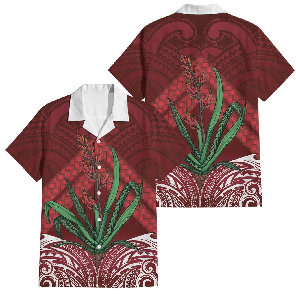 Rongoa Maori New Zealand Harakeke Family Matching Off The Shoulder Long Sleeve Dress and Hawaiian Shirt NZ Weaving Pattern Red