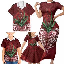 Rongoa Maori New Zealand Harakeke Family Matching Short Sleeve Bodycon Dress and Hawaiian Shirt NZ Weaving Pattern Red