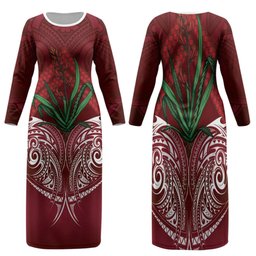 Rongoa Maori New Zealand Harakeke Family Matching Long Sleeve Bodycon Dress and Hawaiian Shirt NZ Weaving Pattern Red