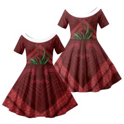 Rongoa Maori New Zealand Harakeke Family Matching Off Shoulder Short Dress and Hawaiian Shirt NZ Weaving Pattern Red