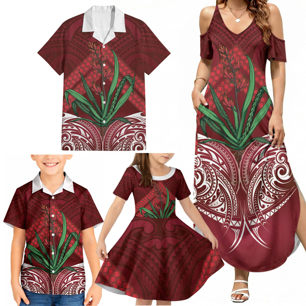 Rongoa Maori New Zealand Harakeke Family Matching Summer Maxi Dress and Hawaiian Shirt NZ Weaving Pattern Red
