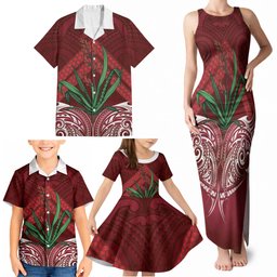 Rongoa Maori New Zealand Harakeke Family Matching Tank Maxi Dress and Hawaiian Shirt NZ Weaving Pattern Red