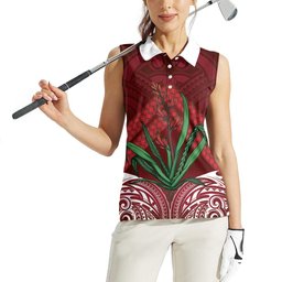 Rongoa Maori New Zealand Harakeke Women Sleeveless Polo Shirt NZ Weaving Pattern Red