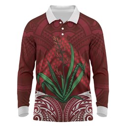 Rongoa Maori New Zealand Harakeke Long Sleeve Polo Shirt NZ Weaving Pattern Red