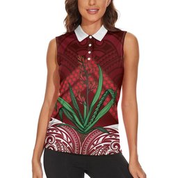 Rongoa Maori New Zealand Harakeke Women Sleeveless Polo Shirt NZ Weaving Pattern Red