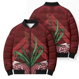 Rongoa Maori New Zealand Harakeke Bomber Puffer Jacket NZ Weaving Pattern Red