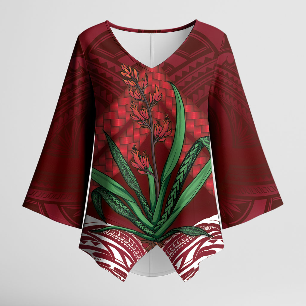 Rongoa Maori New Zealand Harakeke Kimono Sleeve Blouse NZ Weaving Pattern Red