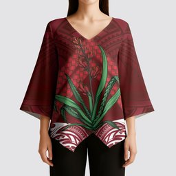 Rongoa Maori New Zealand Harakeke Kimono Sleeve Blouse NZ Weaving Pattern Red
