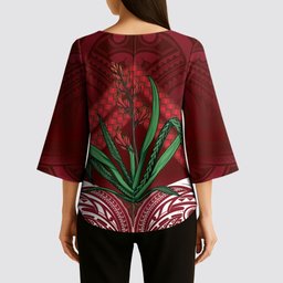 Rongoa Maori New Zealand Harakeke Kimono Sleeve Blouse NZ Weaving Pattern Red