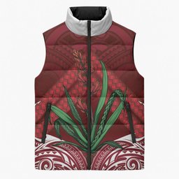 Rongoa Maori New Zealand Harakeke Sleeveless Puffer Jacket NZ Weaving Pattern Red