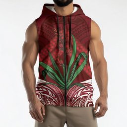 Rongoa Maori New Zealand Harakeke Sleeveless Zip Hoodie NZ Weaving Pattern Red
