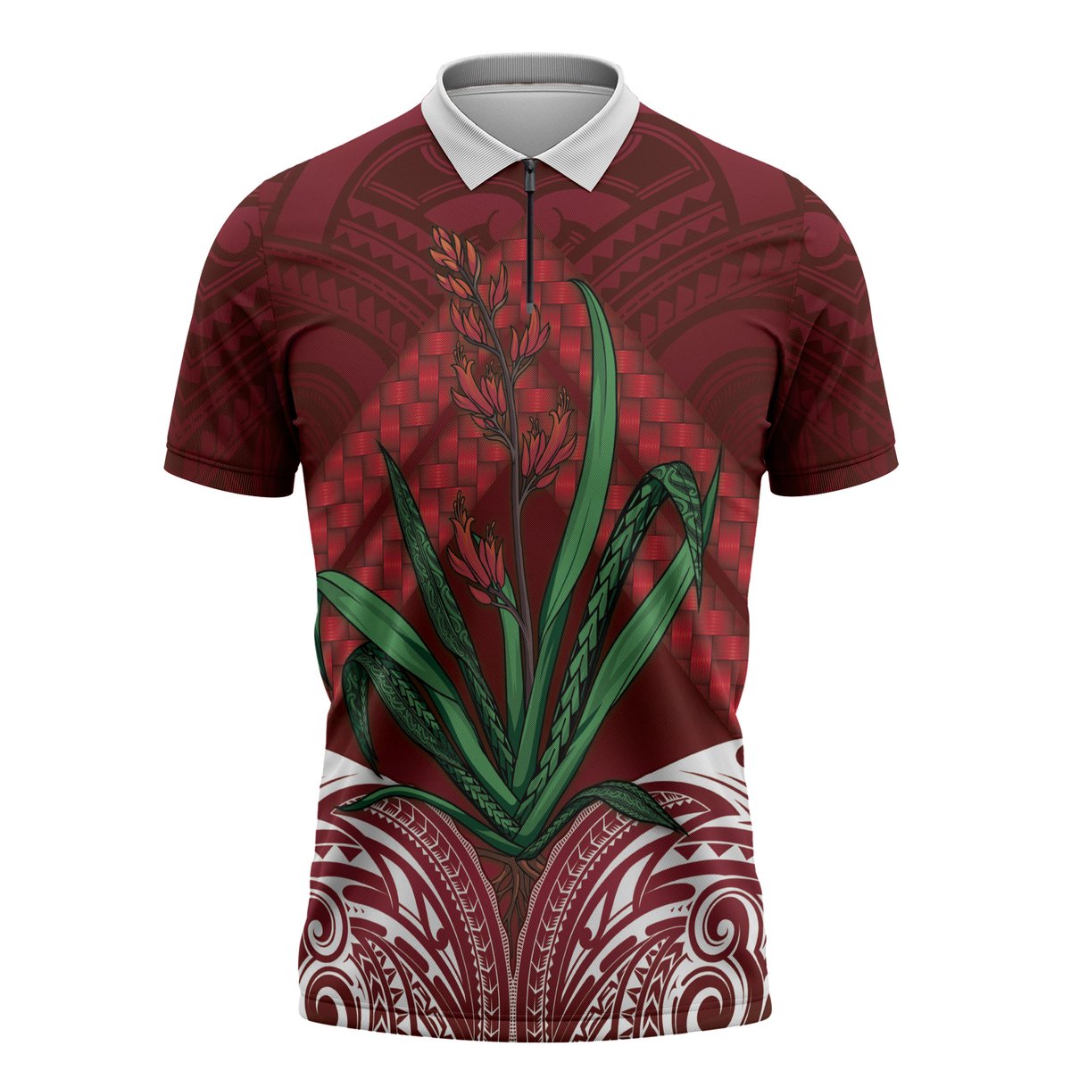 Rongoa Maori New Zealand Harakeke Zipper Polo Shirt NZ Weaving Pattern Red