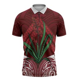 Rongoa Maori New Zealand Harakeke Zipper Polo Shirt NZ Weaving Pattern Red