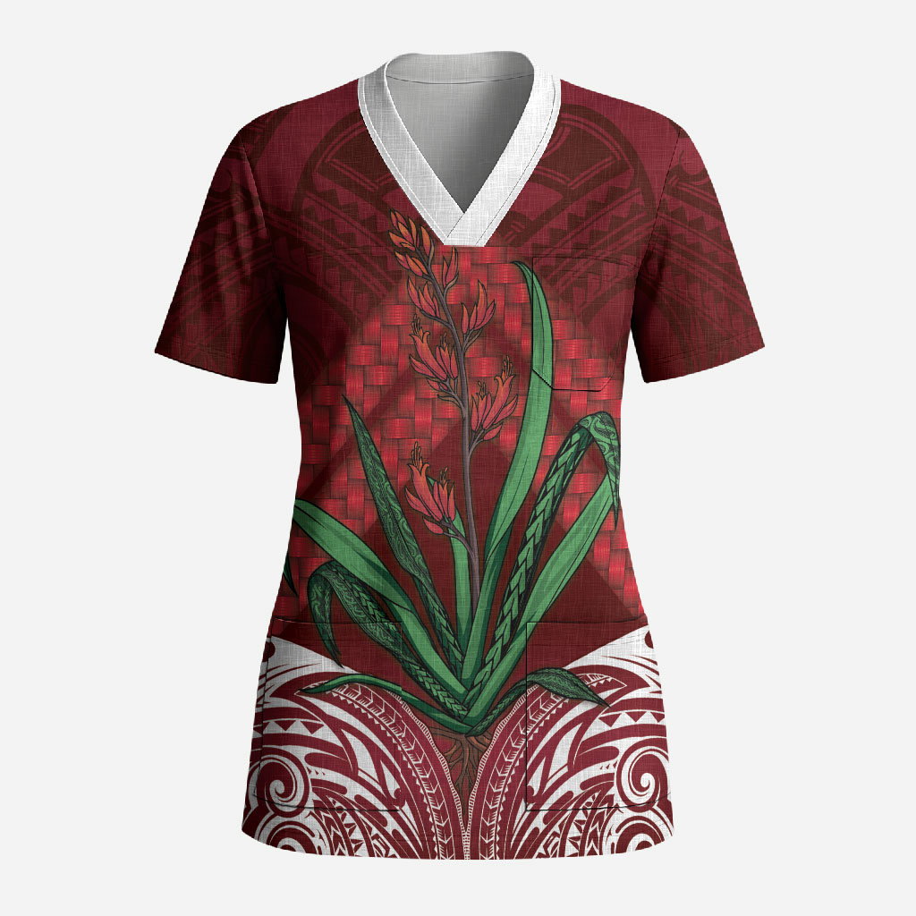 Rongoa Maori New Zealand Harakeke Scrub Top NZ Weaving Pattern Red