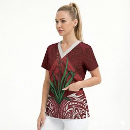 Rongoa Maori New Zealand Harakeke Scrub Top NZ Weaving Pattern Red