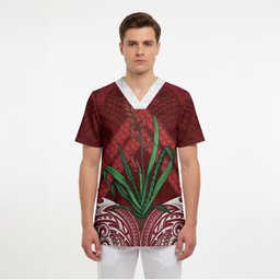 Rongoa Maori New Zealand Harakeke Scrub Top NZ Weaving Pattern Red