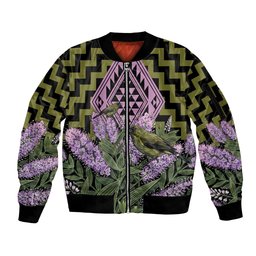 Rongoa Maori New Zealand Koromiko Sleeve Zip Bomber Jacket NZ Hebe Korimako Bellbird Poutama