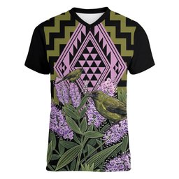 Rongoa Maori New Zealand Koromiko Women V-Neck T-Shirt NZ Hebe Korimako Bellbird Poutama