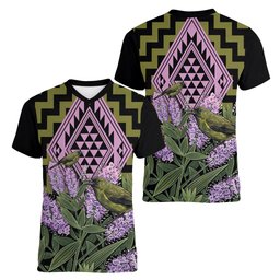 Rongoa Maori New Zealand Koromiko Women V-Neck T-Shirt NZ Hebe Korimako Bellbird Poutama