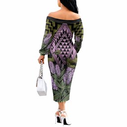 Rongoa Maori New Zealand Koromiko Off The Shoulder Long Sleeve Dress NZ Hebe Korimako Bellbird Poutama