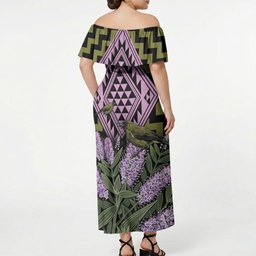 Rongoa Maori New Zealand Koromiko Off Shoulder Maxi Dress NZ Hebe Korimako Bellbird Poutama