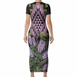 Rongoa Maori New Zealand Koromiko Short Sleeve Bodycon Dress NZ Hebe Korimako Bellbird Poutama