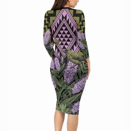 Rongoa Maori New Zealand Koromiko Long Sleeve Bodycon Dress NZ Hebe Korimako Bellbird Poutama