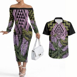 Rongoa Maori New Zealand Koromiko Couples Matching Off The Shoulder Long Sleeve Dress and Hawaiian Shirt NZ Hebe Korimako Bellbird Poutama