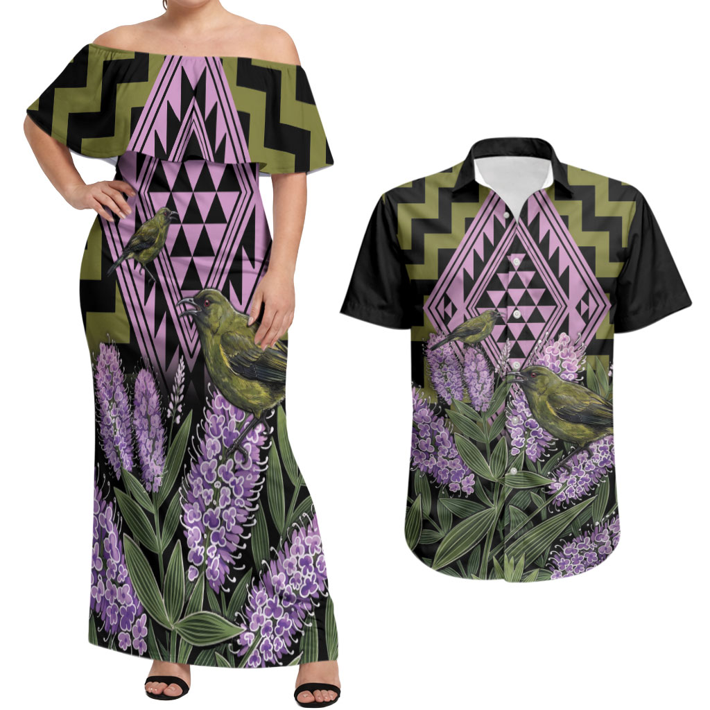 Rongoa Maori New Zealand Koromiko Couples Matching Off Shoulder Maxi Dress and Hawaiian Shirt NZ Hebe Korimako Bellbird Poutama