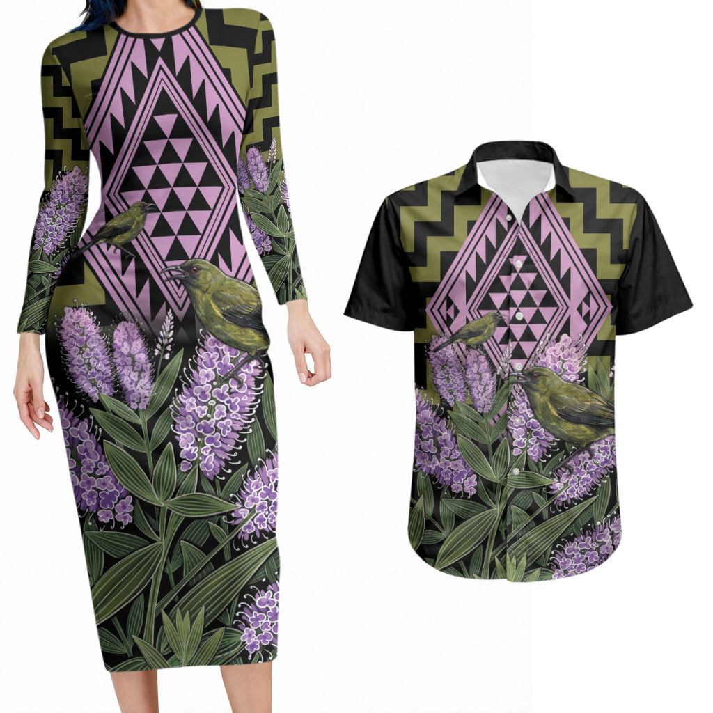Rongoa Maori New Zealand Koromiko Couples Matching Long Sleeve Bodycon Dress and Hawaiian Shirt NZ Hebe Korimako Bellbird Poutama