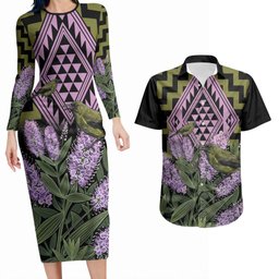 Rongoa Maori New Zealand Koromiko Couples Matching Long Sleeve Bodycon Dress and Hawaiian Shirt NZ Hebe Korimako Bellbird Poutama