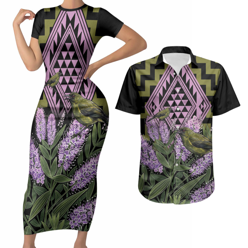Rongoa Maori New Zealand Koromiko Couples Matching Short Sleeve Bodycon Dress and Hawaiian Shirt NZ Hebe Korimako Bellbird Poutama