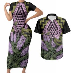 Rongoa Maori New Zealand Koromiko Couples Matching Short Sleeve Bodycon Dress and Hawaiian Shirt NZ Hebe Korimako Bellbird Poutama