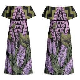 Rongoa Maori New Zealand Koromiko Couples Matching Off Shoulder Maxi Dress and Hawaiian Shirt NZ Hebe Korimako Bellbird Poutama